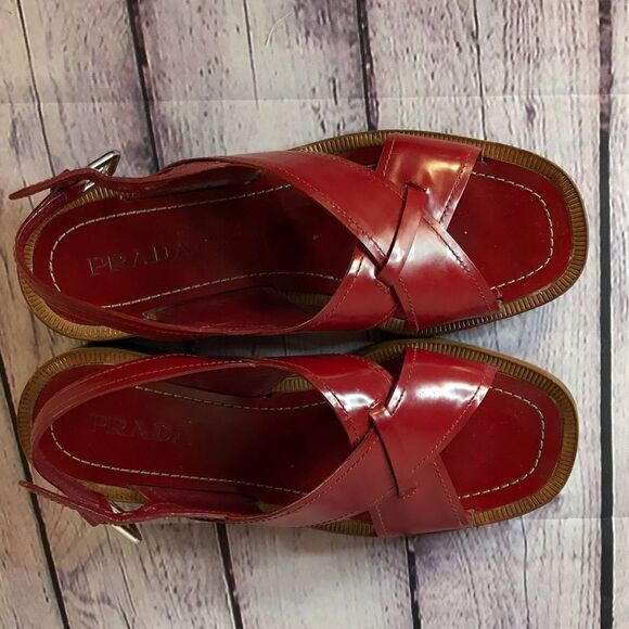 Prada Classic Red Patent Slingback Buckle Sandals Made in Italy Size (39.5) 9.5 - Picture 11 of 16